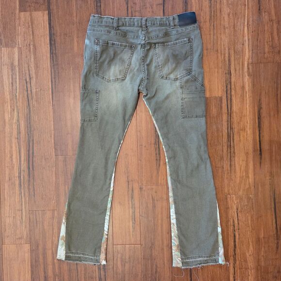 Valabasas Alpha Denim Olive Jacquard Men's Jean Size 38 Stacked Flare Distressed - Picture 2 of 10